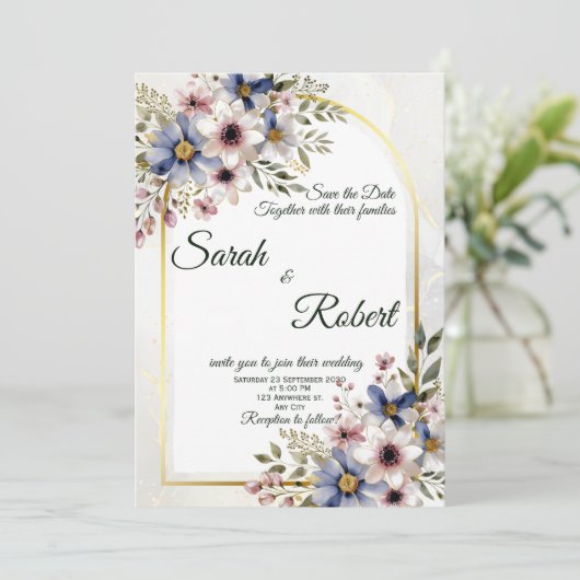 Soft Blue Pink Floral Frame Elegant Wedding Invite 招待状 (スタンド正面)