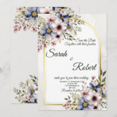 Soft Blue Pink Floral Frame Elegant Wedding Invite 招待状 (正面/裏面)