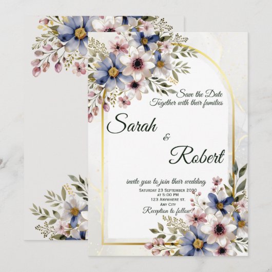Soft Blue Pink Floral Frame Elegant Wedding Invite 招待状 (正面/裏面)
