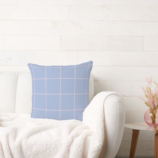 Soft Blue & Pink Grid Pattern クッション (ソファ)