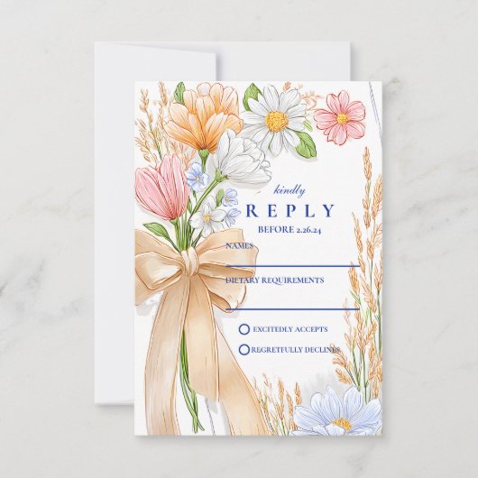 Soft Blue Ribbon Floral Wedding 出欠カード (正面)