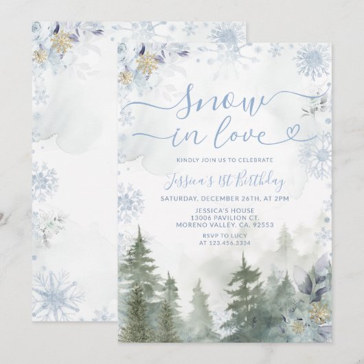 Soft Blue Snowflake In Love Winter Forest Birthday 招待状 (正面/裏面)