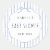 Soft Blue Stripes with Frame Baby Shower  ラウンドシール (正面)