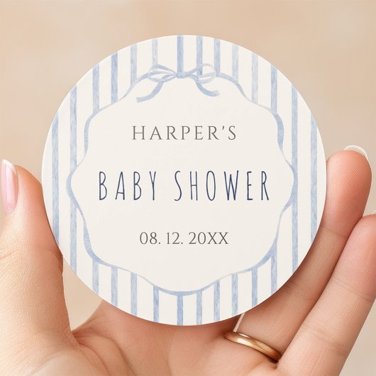 Soft Blue Stripes with Frame Baby Shower  ラウンドシール