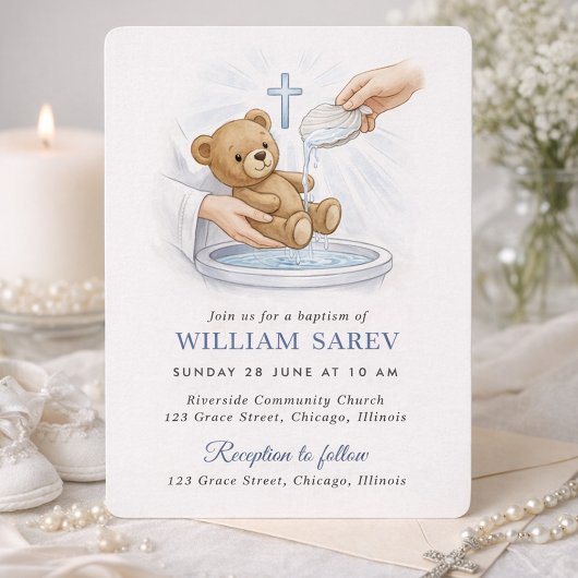 Soft Blue Teddy Bear Baptism  招待状