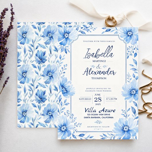 Soft Blue Watercolor Elegant Floral Romantic 招待状