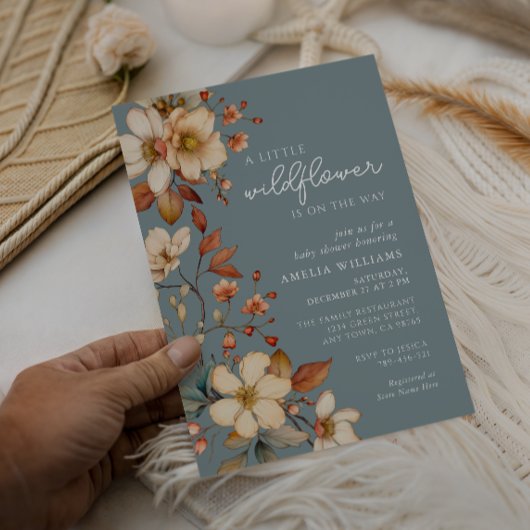 Soft Blue Wildflower Baby Shower Elegant Script 招待状