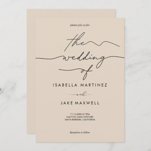 soft Blush & Black Modern Script Wedding 招待状 (正面/裏面)