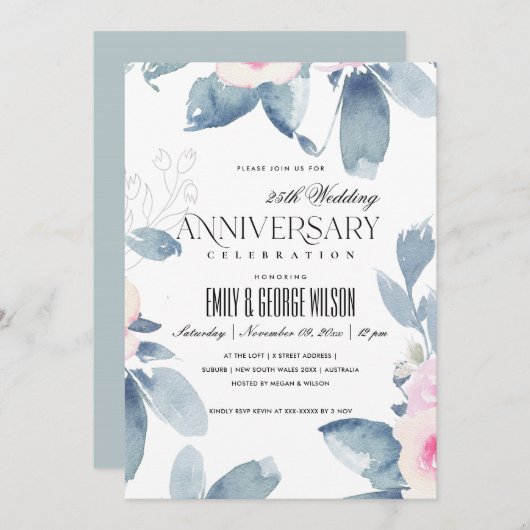 SOFT BLUSH BLUE FLORAL 25th ANY YEAR ANNIVERSARY 招待状 (正面/裏面)
