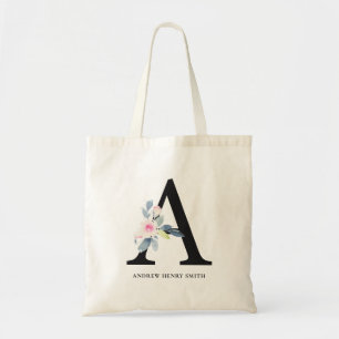 SOFT BLUSH BLUE FLORAL ALPHABETS NAME LETTER A トートバッグ