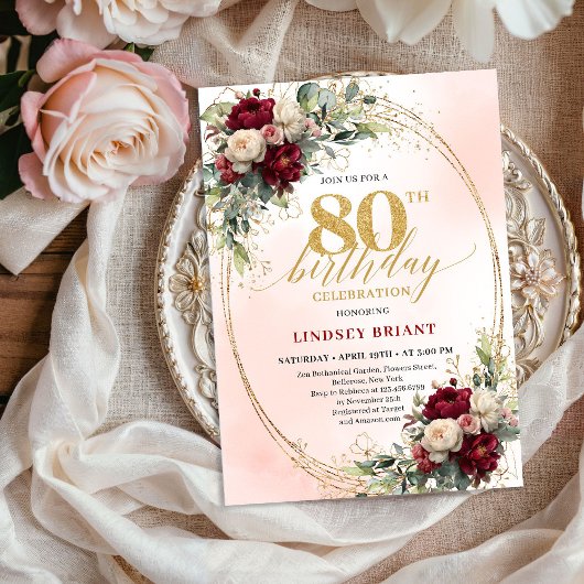 Soft Blush Boho Floral 80th Birthday Party Invitе 招待状