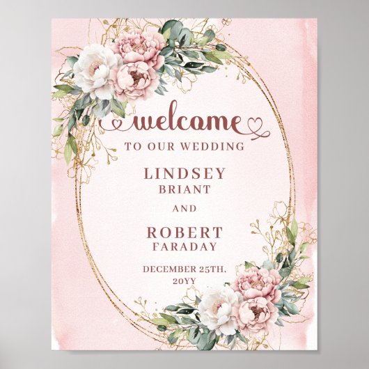 Soft Blush Floral Eucalyptus Wedding Welcome Sign ポスター (正面)
