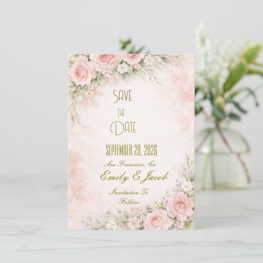 Soft Blush Floral Flat Card Save The Date (スタンド正面)
