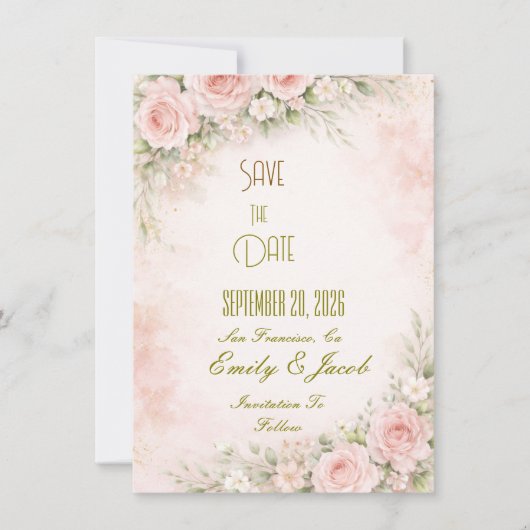 Soft Blush Floral Flat Card Save The Date (正面)