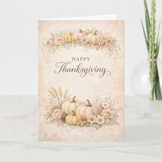 Soft Blush Floral Happy Thanksgiving Pumpkin カード (正面)