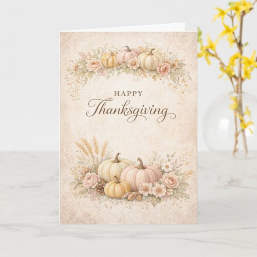Soft Blush Floral Happy Thanksgiving Pumpkin カード (黄色い花)