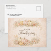 Soft Blush Floral Happy Thanksgiving Pumpkin  シーズンポストカード (正面/裏面)