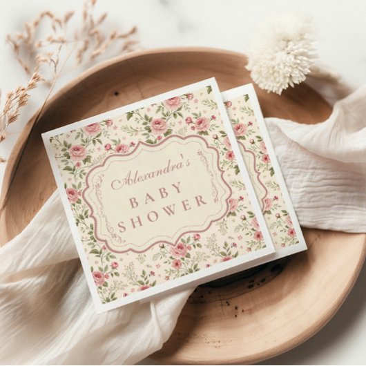 Soft Blush Floral Heirloom Baby Shower スタンダードカクテルナプキン