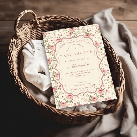 Soft Blush Floral Heirloom Baby Shower 招待状