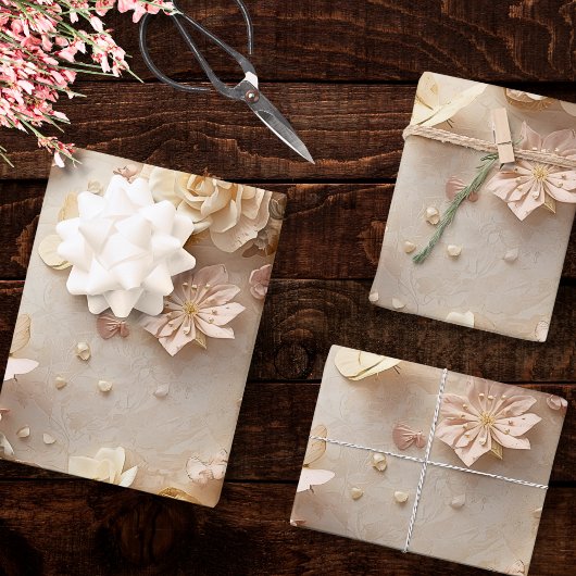 Soft Blush Floral Wreath with Butterflies and Rose ラッピングペーパーシート