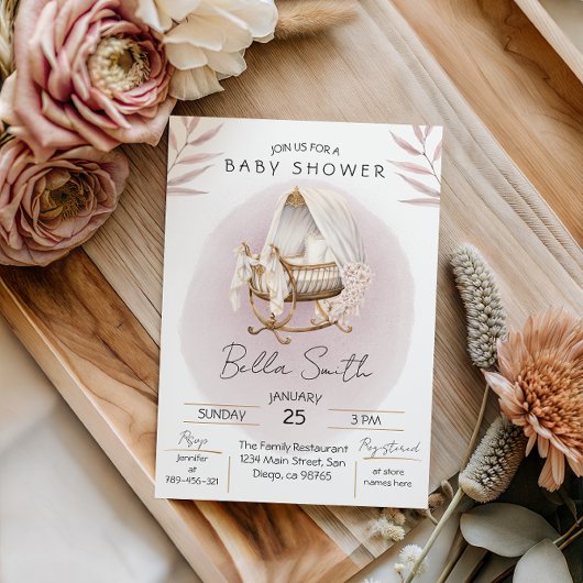 Soft Blush Gold Bassinet Baby Shower Invitation 招待状