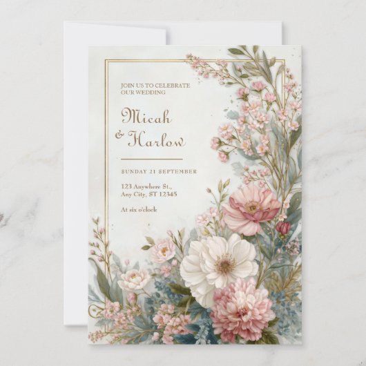 Soft Blush Ivory Floral Romantic Botanical Wedding 招待状 (正面)
