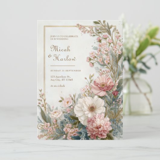 Soft Blush Ivory Floral Romantic Botanical Wedding 招待状 (スタンド正面)