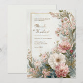 Soft Blush Ivory Floral Romantic Botanical Wedding 招待状 (正面/裏面)