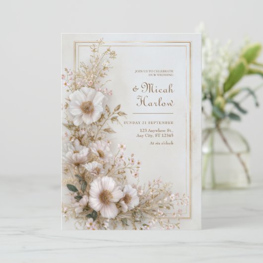 Soft Blush Ivory Gold Frame Airy Bloom Wedding 招待状 (スタンド正面)