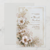 Soft Blush Ivory Gold Frame Airy Bloom Wedding 招待状 (正面/裏面)