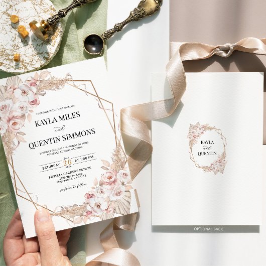 Soft Blush Pampas Grass Boho Gold Geometric Frame 招待状