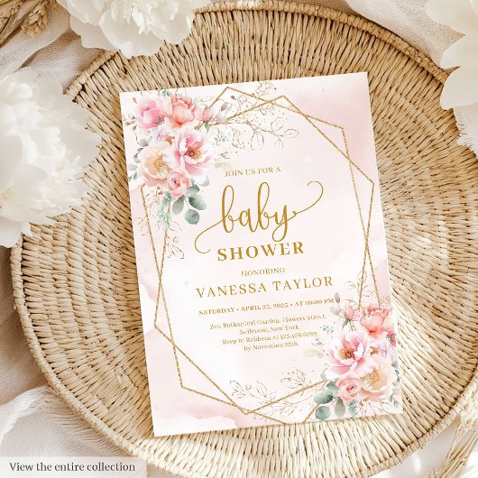 Soft blush pink and gold glitter baby shower girl 招待状