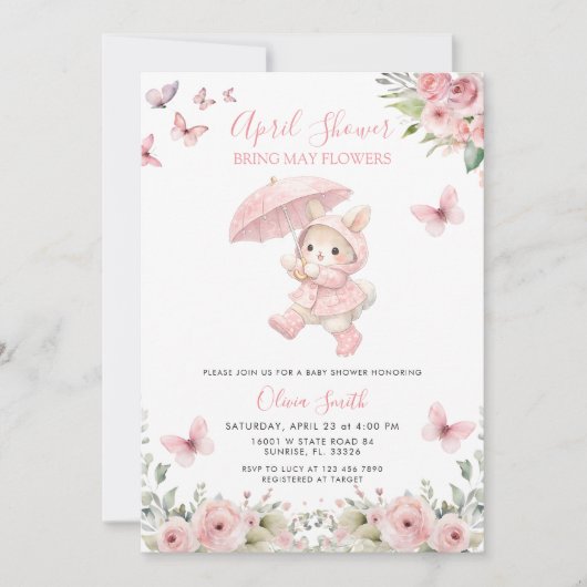 Soft Blush Pink Floral April Baby Shower  招待状 (正面)