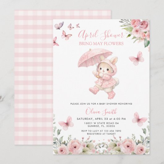 Soft Blush Pink Floral April Baby Shower 招待状 (正面/裏面)
