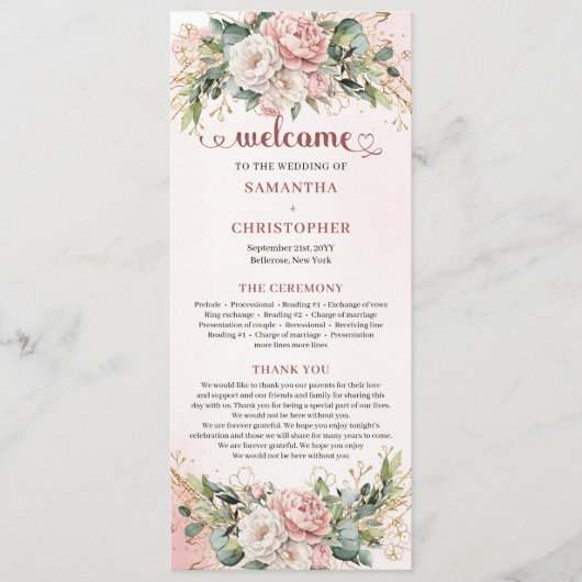 Soft Blush Pink Flowers Eucalyptus Wedding Program プログラム (正面)