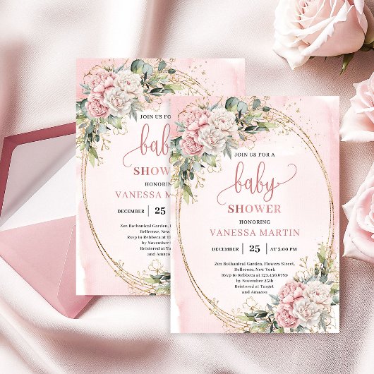Soft Blush Pink Flowers Greenery Baby Shower Girl 招待状