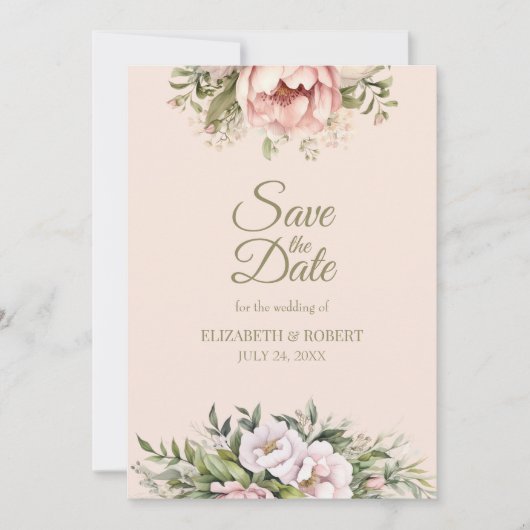 Soft Blush Pink Peony Save The Date Card セーブザデート (正面)