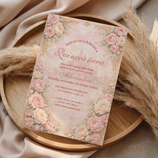 Soft Blush Rose Garden Quinceañera 招待状