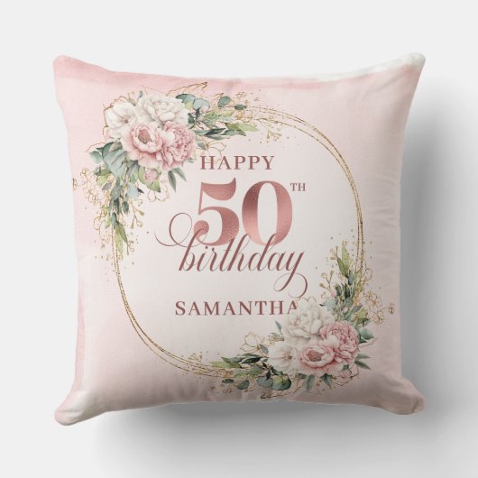 Soft Blush Rose Gold 50th Birthday Pillow Gift クッション (裏面)