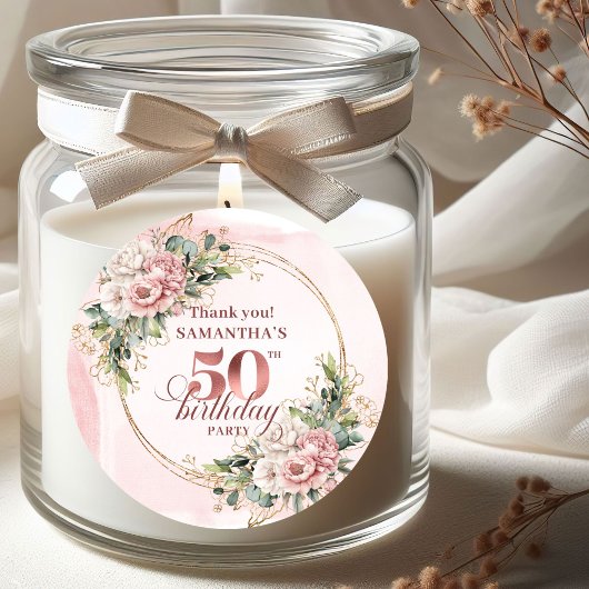 Soft Blush Rose Gold Botanical 50th Birthday Label ラウンドシール
