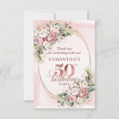 Soft Blush Rose Gold Botanical 50th Birthday Thank サンキューカード (正面)