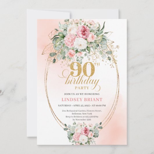 Soft Blush Roses Gold Elegant 90th Birthday Invitе 招待状 (正面)