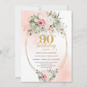 Soft Blush Roses Gold Elegant 90th Birthday Invite 招待状 (正面)