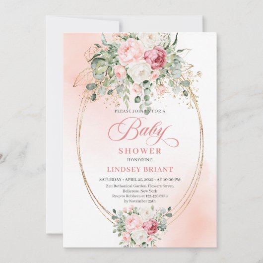 Soft Blush Roses Greenery Girl Baby Shower Invite 招待状 (正面)