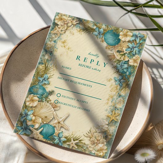 Soft Blush Seashell Floral Wedding 出欠カード