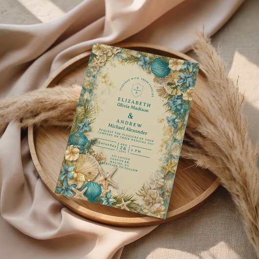 Soft Blush Seashell Floral Wedding 招待状