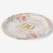 Soft Blush Watercolor Gold Frame 90th Birthday   ペーパープレート (アングル)
