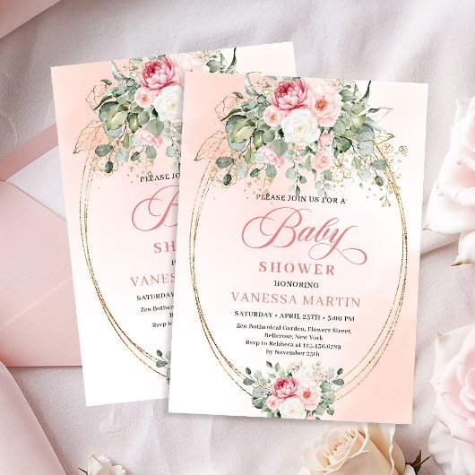 Soft Bohemian Blush Floral Gold Baby Shower Invite 招待状
