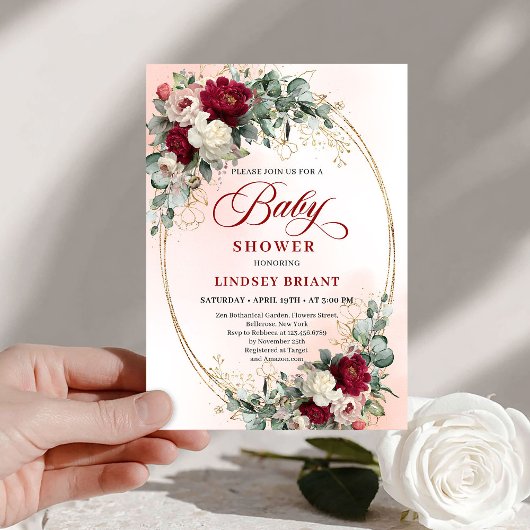Soft Bohemian Burgundy Greenery Baby Shower Invite 招待状