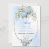 Soft Boho Blue Floral Baby Shower Gold Invitation 招待状 (正面)